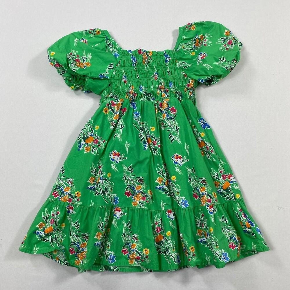 Cat & Jack Girls Green Floral Babydoll Dress Puffy Sleeves Tiered Skirt